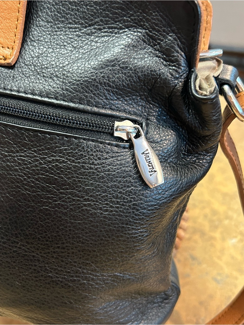 Valentina Leather Bucket Crossbody Bag in Black and Tan - Picture 8 of 16